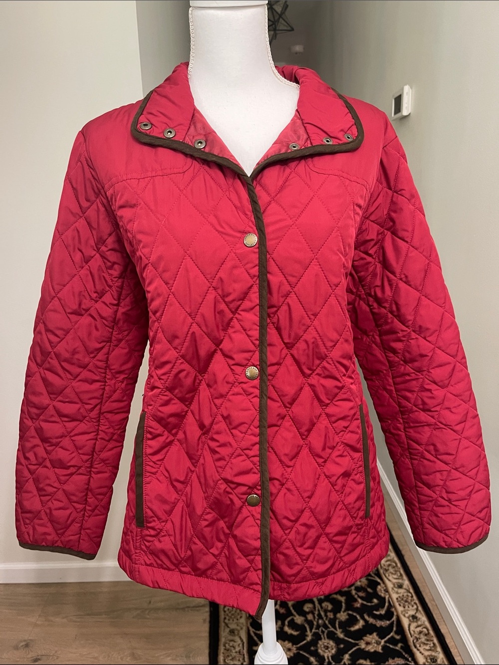 Lands’ End Cranberry Red Diamond Quilted Barn Jacket, Dark Brown Trim - Size L